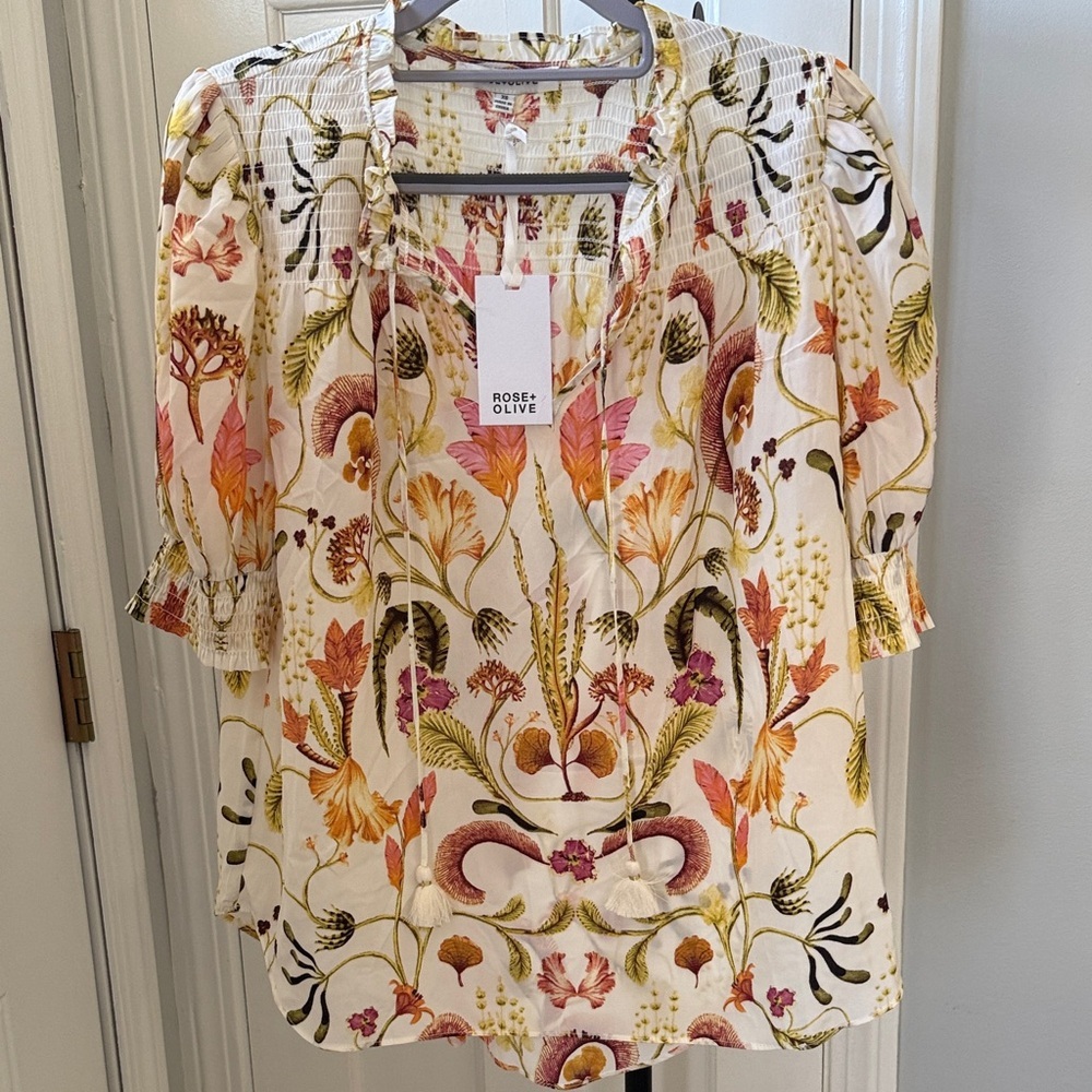 Rose & Olive Cream Floral Peasant Blouse with Pink and Orange Accents